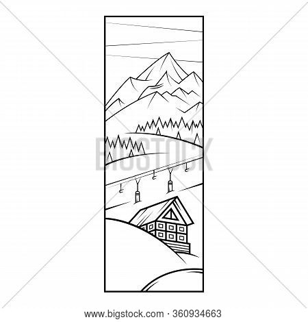 Ski Resort, Chalet, Mountains In The Snow. Ski Lift.flat Minimal Linework Hand Drawing Icon Illustra
