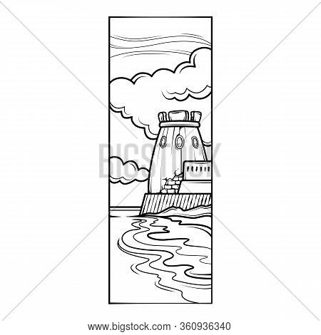 Fortress Tower On The Seashore, Against The Background Of Clouds. Stone Breakwater.flat Minimal Line