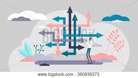Choice Confusion Vector Illustration. Business Path Flat Tiny Persons Concept. Various Strategies Fo