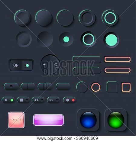 Neumorphic Ui Button Set. Dark Color Workflow Graphic Elements In Skeuomorph Trend Design. Button El