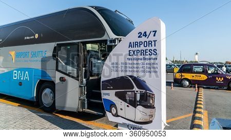 Baku, Azerbaijan - July 2019: Shuttle Busses Parked Outside Heydar Aliyev Airport