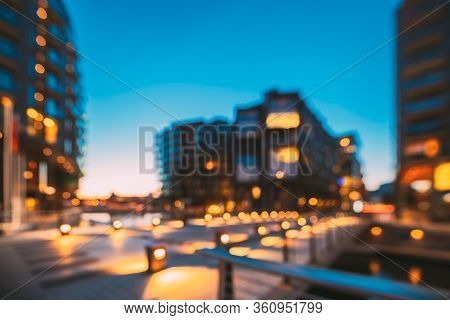 Oslo, Norway. Night Abstract Boke Bokeh Background Effect. Residential Multi-storey Houses In Aker B