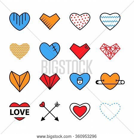 Heart Flat And Line Icon Trendy Bright Modern Colors Such As Blue, Red, Yelllow Set Isolated On A Wh