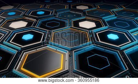 Technological Pattern With Many Geometric Hexagon Frames Of Blue And Yellow Colors On Black Backgrou