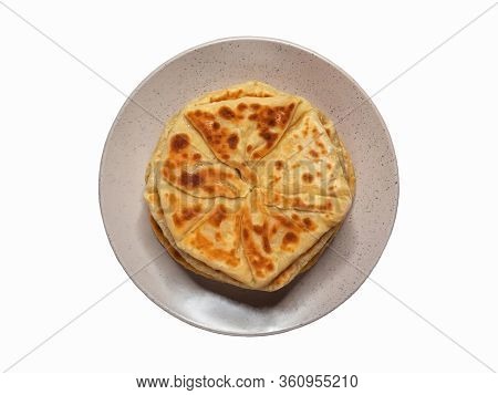 Isolated Romanian Cheese Pie. Top View, Close Up.