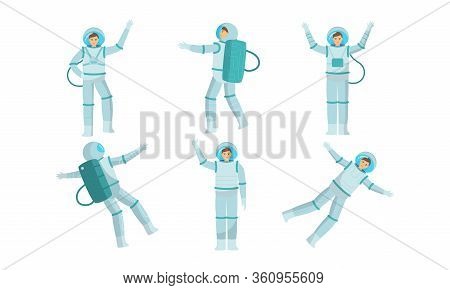 Set Of Young Austronauts In Special Metallic Costume In Outer Space