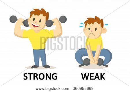 Words Strong And Weak Flashcard With Cartoon Characters. Opposite Adjectives Explanation Card. Flat 