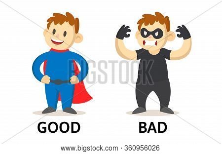 Words Good And Bad Flashcard With Cartoon Characters. Opposite Adjectives Explanation Card. Flat Vec