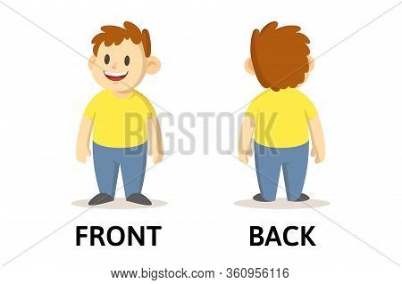 Words Front And Back Flashcard With Cartoon Characters. Opposite Adjectives Explanation Card. Flat V