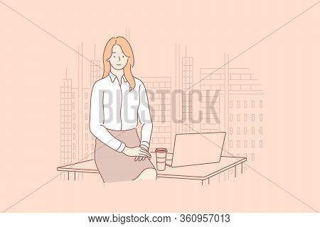 Businesswoman Or Manager In Office Concept. Young Business Woman, Company Chief, Leader Boss Sitting