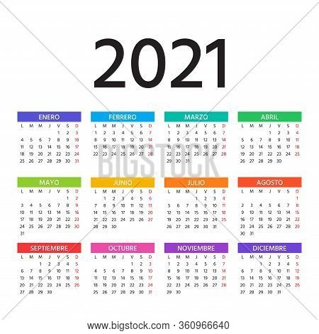 Spanish Calendar 2021 Year. Vector. Week Starts Monday. Spain Calender Template. Yearly Stationery O