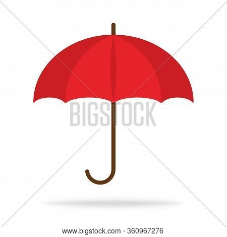 Red Umbrella Icon In Flat Design. Protection From Water And Drops In Autumn. Weather Parasol In Rain