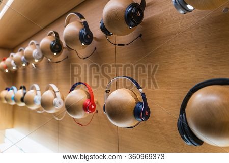 Dubai, Uae - February 2020: Beats By Dr. Dre Headphones On Display In Apple Store.