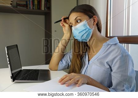 Covid-19 Pandemic Coronavirus Doubt Student Girl Home Schooling E-learning Mask Study From Home Lapt
