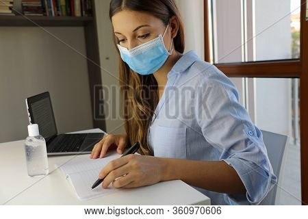 Covid-19 Pandemic Coronavirus Student Girl Home Schooling E-learning Mask Study From Home Laptop Alc