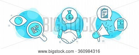 Money Bag, Mobile Finance And Checklist Line Icons Set. Handshake Deal, Research And Promotion Compl