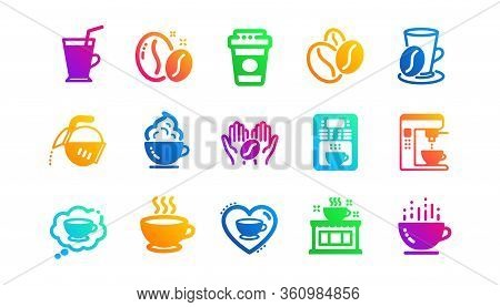Beans, Hot Cocktail And Coffee Maker Machine. Coffee Icons. Espresso Cup, Cappuccino With Whipped Cr