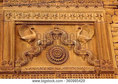 Decorative Design On Panel Of Wall At Patawon-ki-haweli In Jaisalmer Fort, Jaisalmer, Rajasthan, Ind