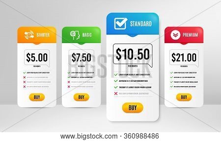 Scroll Down, Timer And Writer Icons Simple Set. Price Table Template. Checkbox Sign. Swipe Arrow, St