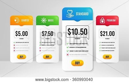 Wedding Locker, Heart And Hold Heart Icons Simple Set. Price Table Template. Dating Network Sign. Va