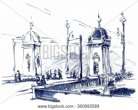 Prague Legion Bridge With People Watercolor Illustration Over White Background