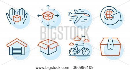 Parcel Delivery, Bike Rental And World Globe Signs. Opened Box, Airplane And Package Box Line Icons 