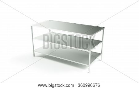 3d Rendering Of Empty Metal Rack Shelves Isolated On White Background. Industrial Warehouses. Packag