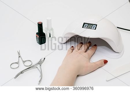 Girl Doing Manicure, Nails Gel Polish, White Background