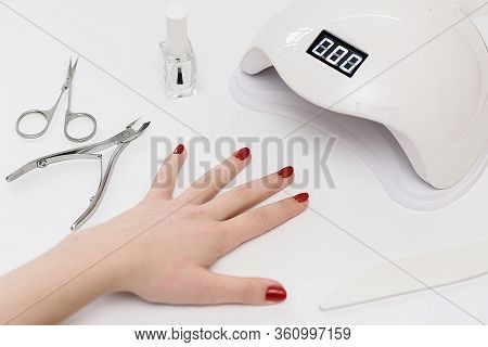 Girl Doing Manicure, Nails Gel Polish, White Background