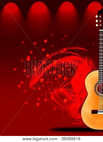 Una bella chitarra classica sul palco del teatro elegante rosso