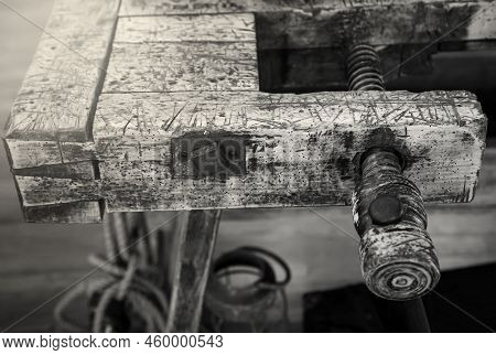 An Old Wooden Workbench, Workbench In A Workshop.