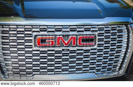 The New Luxury Gmc With All Black Details. Gmc Truck On Display. Custom Black Gmc Sierra Denali Fron