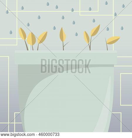 Flower Vase With Herbs Watered By Drops From Top. Liquid Being Poured Over Large Plant Pot. Fresh Gr