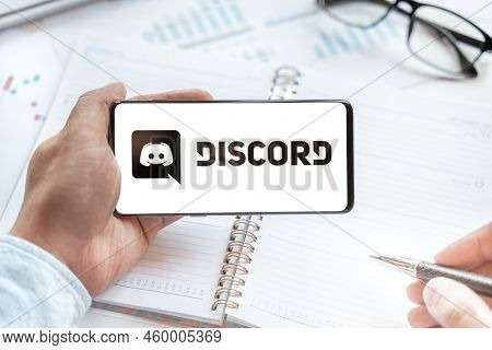Logo Of Discord Group Chatting Application, Page In Mobile Phone. Social Net, Media Resource, Platfo