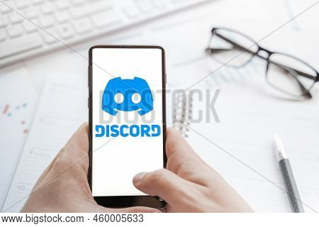 Logo Of Discord Group Chatting Application, Page In Mobile Phone. Social Net, Media Resource, Platfo