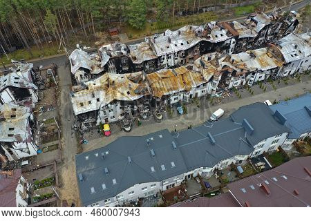 Hostomel, Kyev Region Ukraine - 09.04.2022: Top View Of The Destroyed And Burnt Houses. Houses Were