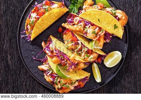 Bang Bang Shrimp Tacos With Purple Coleslaw, Tomatoes, Parsley, Lime And Mayonnaise Hot Chili Sauce 