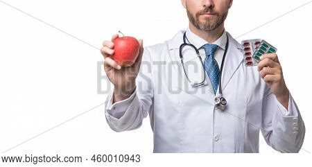 Man Recommend Fructose Isolated On White. Concept Of Fructose. Nutritionist With Fructose.