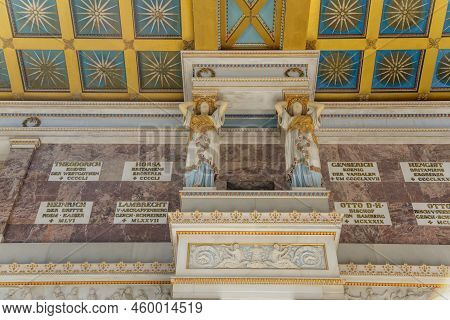 Donaustauf, Bavaria, Germany, 2 July 2022: Walhalla Memorial With Colonnade Above Danube River, Main