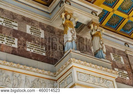 Donaustauf, Bavaria, Germany, 2 July 2022: Walhalla Memorial With Colonnade Above Danube River, Main