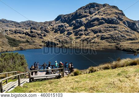 Azuay, Ecuador - August 15, 2022: Tourists On Observation Deck At Toreadora Lake In Cajas National P