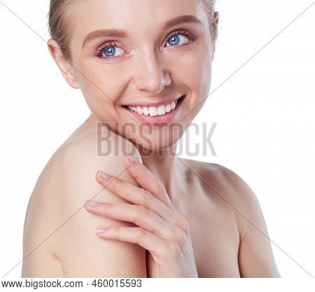 Portrait Of Beautiful Woman With Natural Make Up On White Background