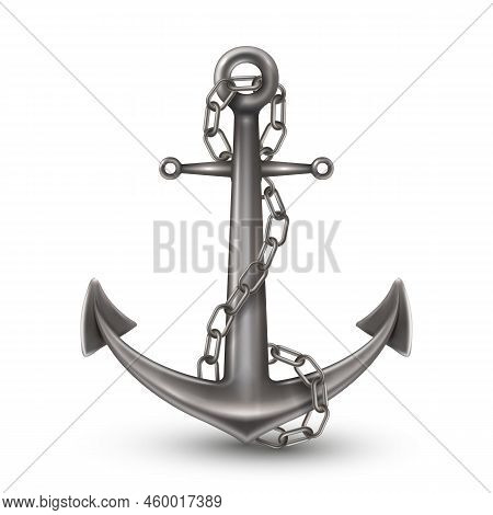 Shiny Steel Anchor With Chain And Rings On White Background Realistic Style Isolated Vector Illustra