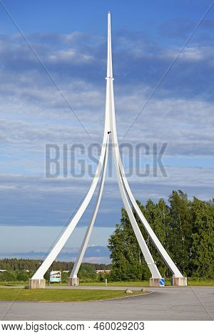 Power Park, Finland - June 21, 2022: A Tall White Spire As The Entrance To The Park