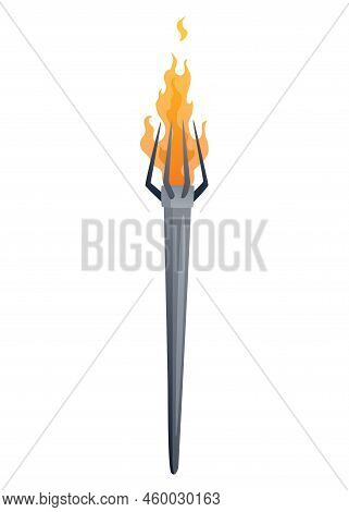 Medieval Torch With Burning Fire. Ancient Realistic Metal Torch With Flame. Cartoon Game Element Vec