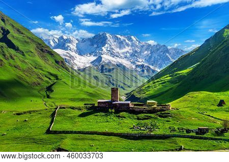 Lamaria Church Jgrag And Ushguli Village At The Foot Of Mt. Shkhara,upper Svaneti, Georgia.
