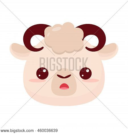 The Head Of A Cartoon Animal. Lamb's Head.   Cute Cartoon Sheep. Educational Book With Animals For P