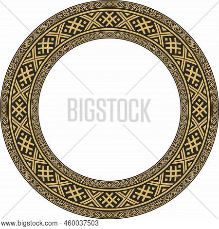 Vector Golden Round Belarusian National Ornament Frame. Ethnic Pattern Circle Of Slavic Peoples, Rus