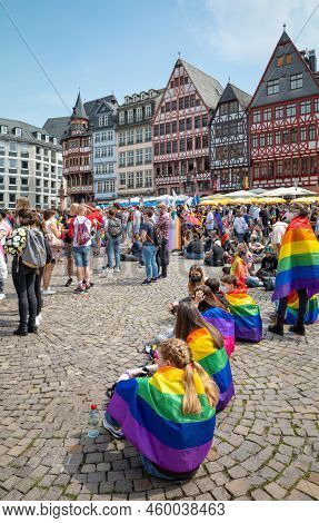 Frankfurt, Germany - July 17, 2021: The Gay Pride Demonstration In Romerberg Square