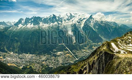 Panoramic View Of Mont Blanc, 4810 M, France - Chamonix Below. Captured From Le Brevent. Mont Blanc 